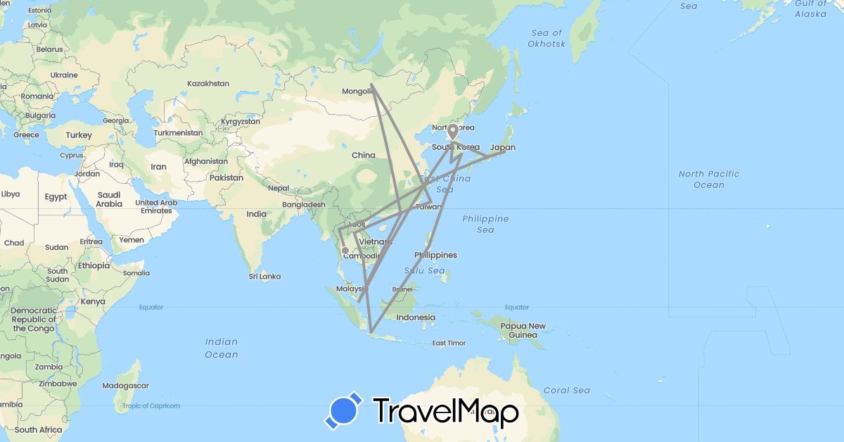 TravelMap itinerary: driving, plane in China, Indonesia, Japan, Cambodia, South Korea, Laos, Mongolia, Philippines, Singapore, Thailand, Taiwan, Vietnam (Asia)